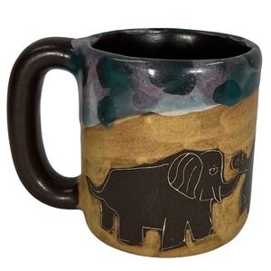 Mara Mexico Elephant Family Sgraffito Studio Pottery Mug Drip Glaze Large Brown